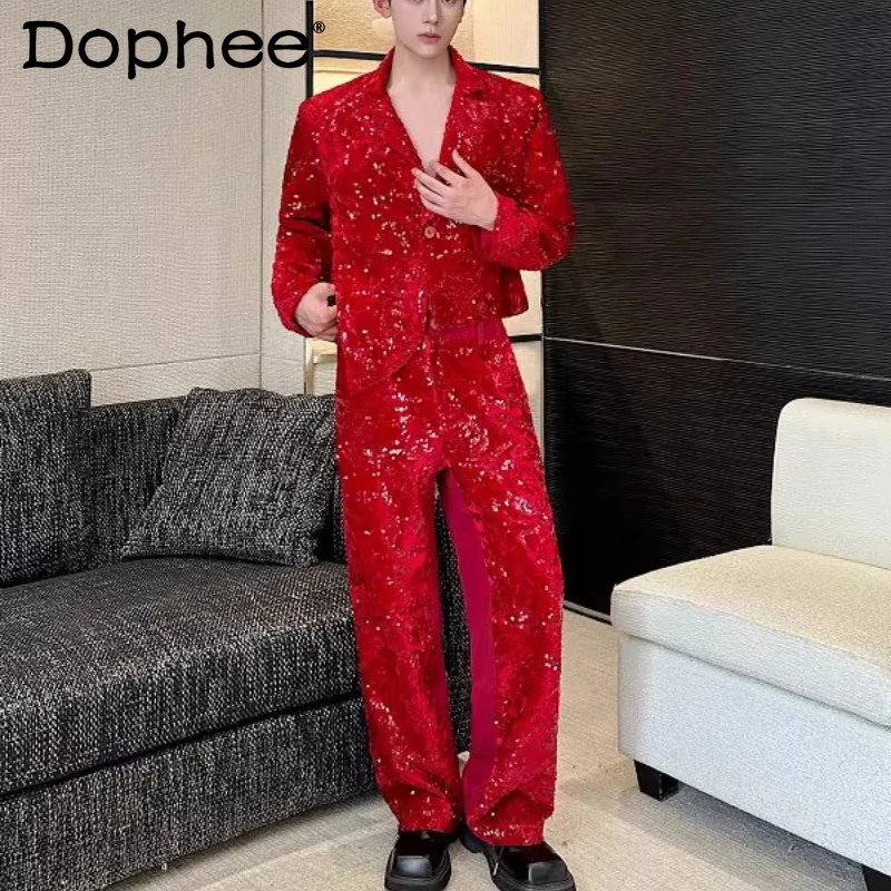 

Fashion Sequin Suit Sets 2025 Autumn New 2pcs Men Stylish High Street Trousers Splicing Loose Long Pants Trendy Two-Piece Sets