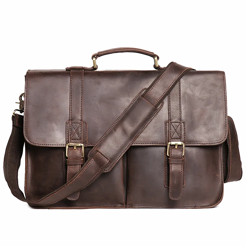 Natural Leather Men's Dark Brown Briefcase Vintage Portfolio Handbag Fashion Satchel Messenger Bag Office Laptop Bag for Men