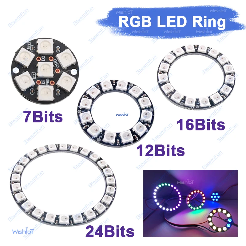 7/12/16/24 LED WS2812B RGB Ring Light - 5050 Addressable LED Kit With Driver for Arduino/RPi/ESP DIY Projects
