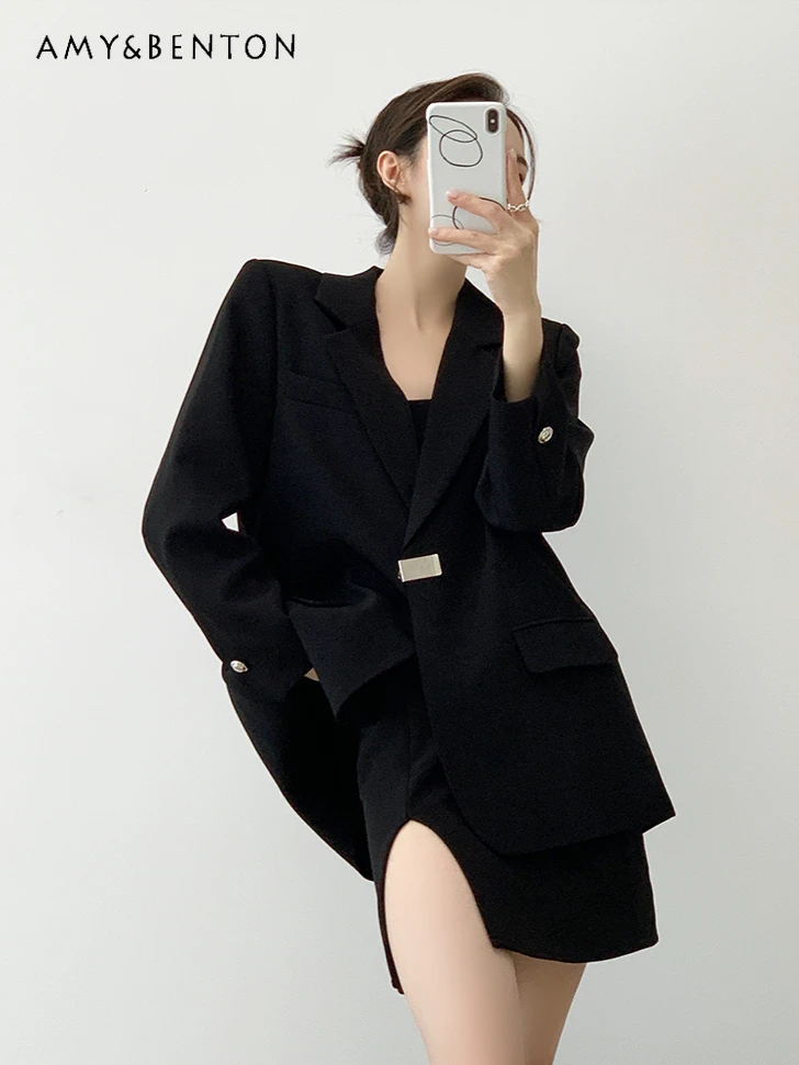 

Office Lady Black Casual Blazer Spring Autumn New High-end Temperament Slim Cross Collar Split One Buckle Loose Slim Coat Women