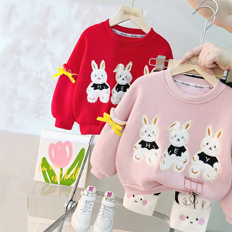 2022 Winter Baby Girls Plush Sweater Pants 2 Pieces Suit Children Clothing Sets Cartoon Kids Sportswear Infant Clothes Outfits