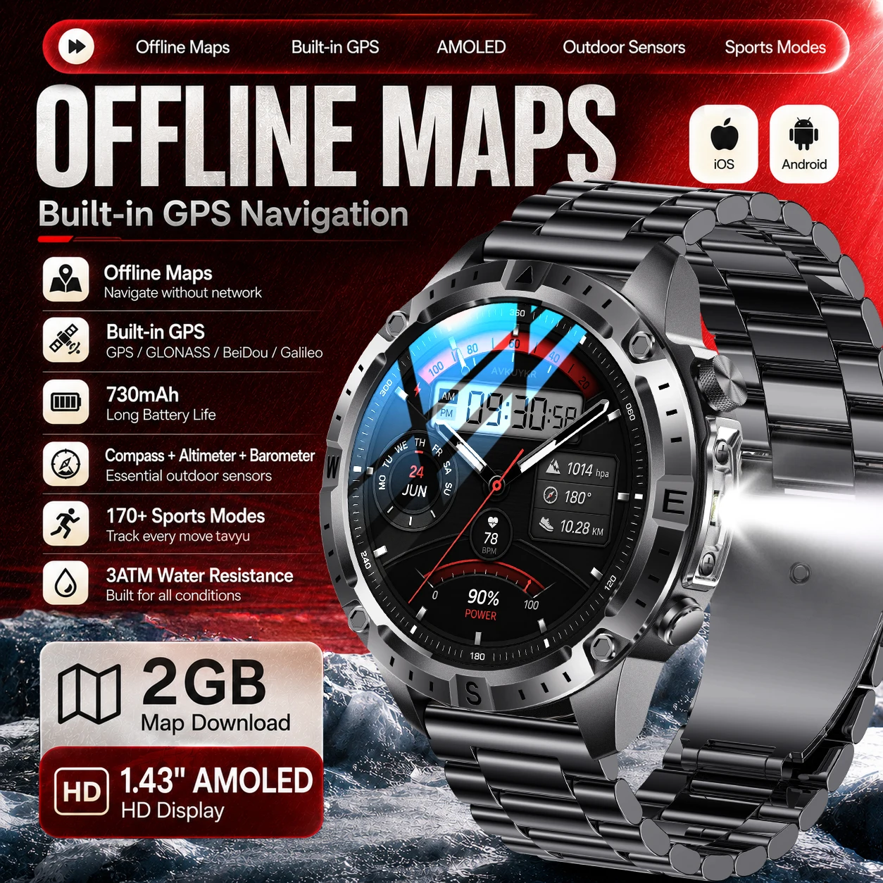 

2026 New Offline Maps GPS Smart Watch 730mAh Battery 1.43 AMOLED 3ATM Waterproof Compass Barometer 170 Sports Tracker Watch Mens