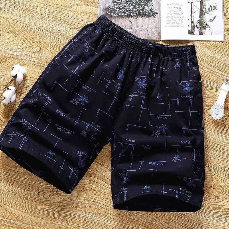 Summer New Cotton Shorts Men Breathable Thin Feather Print Pocket Elastic Waist Korean Loose Casual Sports Beach Short Pants 5XL