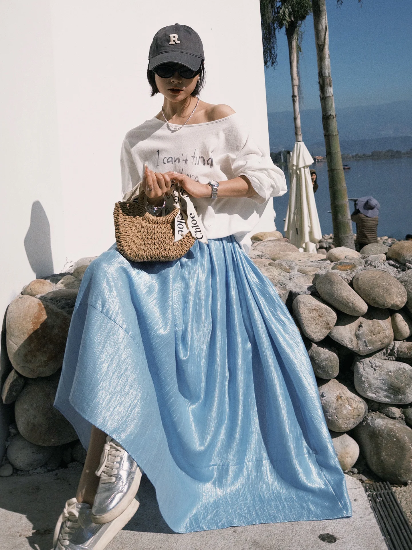 

High Waist Pleated Loose Design Spring Faion Women's Skirts Gauze Texture A-Line Midi Skirt