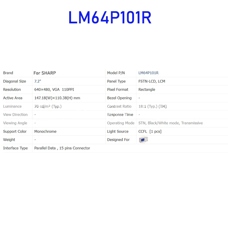 LM64P101R 7.2 Inch LCD Display Screen Panel Original for Sharp Brand New 15 Pins Connector Fully Tested