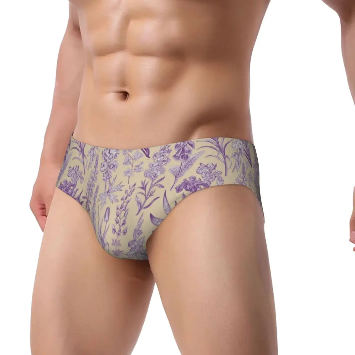 Custom Purple Flower Toile De Jouy Inspired Pattern Briefs Underwear Men's Comfortable Stretch Panties