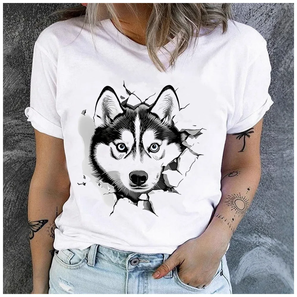 Cotton 100% 3D Crack Wall Husky Dog Graphic T Shirt Women Casual Short Sleeve Tee Cool Siberian Husky Lover Gift Top