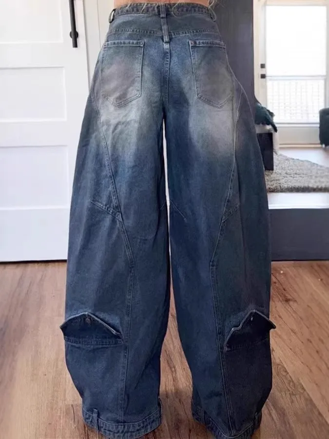 Washed Vintage Women's Jeans High Waist Asymmetric Cotton Loose Fit Non-Stretch High Quality Summer Collection