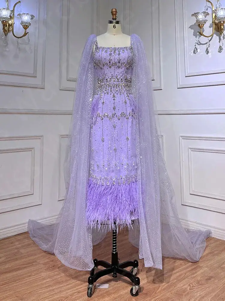 Exquisite Lilac Prom Dresses with Detachable Cape Sleeve Wedding Party Dresses Glitter Beading Evening Gowns Feathers Mid Calf