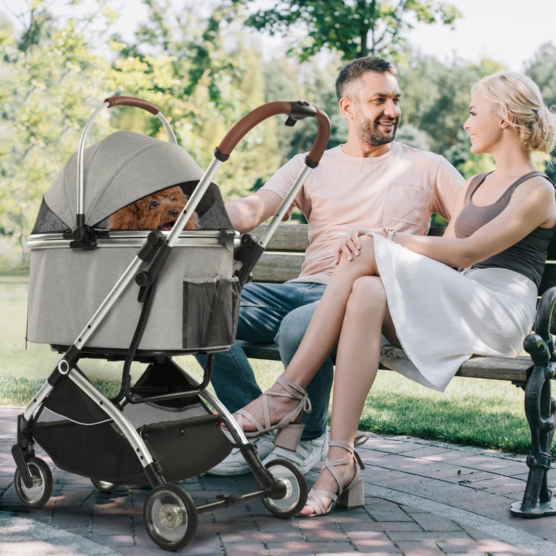 Fashion Pet Trolley Sleeping Basket Removable Stroller for Small Dog & Cat Aluminum  Tube Pet Stroller Gray