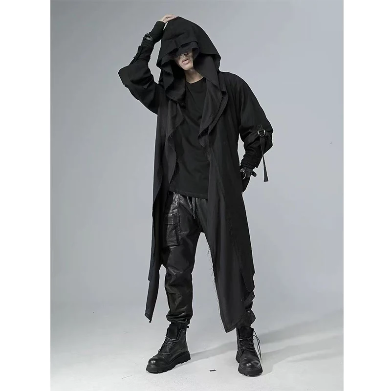 ARENS Gothic Hip Hop Punk Hooded Cloak Vintage Trench Coat Men Rough Selvedge Design Fake Two Piece Thin Cape Long Jacket