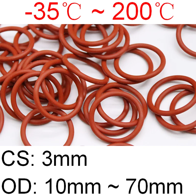 10pcs Red VMQ Silicone O Ring CS 3mm OD 10 ~ 70mm FoodGrade Waterproof Washer Rubber Insulated Round Shape Seal Gasket