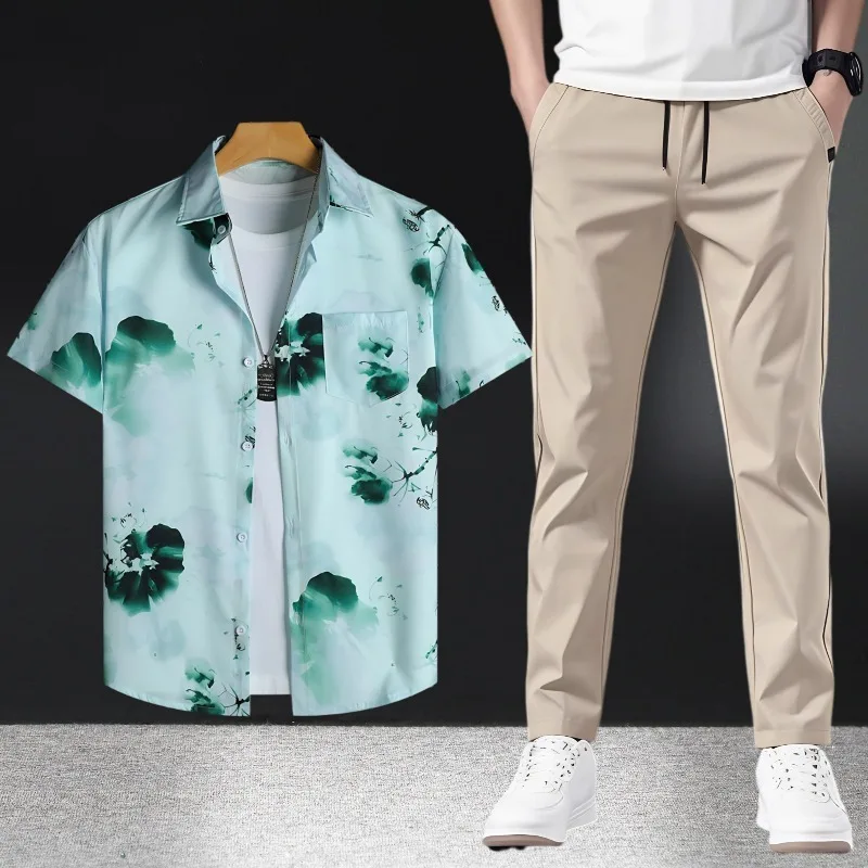 

England Style Mens Summer Casual Outfit Two Pieces Set Short Sleeve Print Shirts and Pants Chinese Ink Painting Shirt