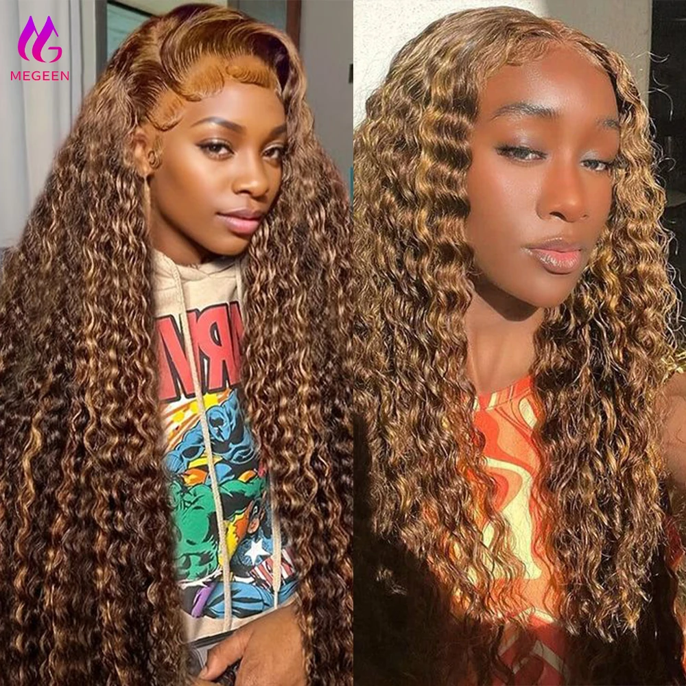 

Megeen Human Hair P4/27 Highlight Honey Blonde Ombre Colored Wig Water Wave Wig 13X4 Lace Front Wig Transparent Lace Frontal Wig