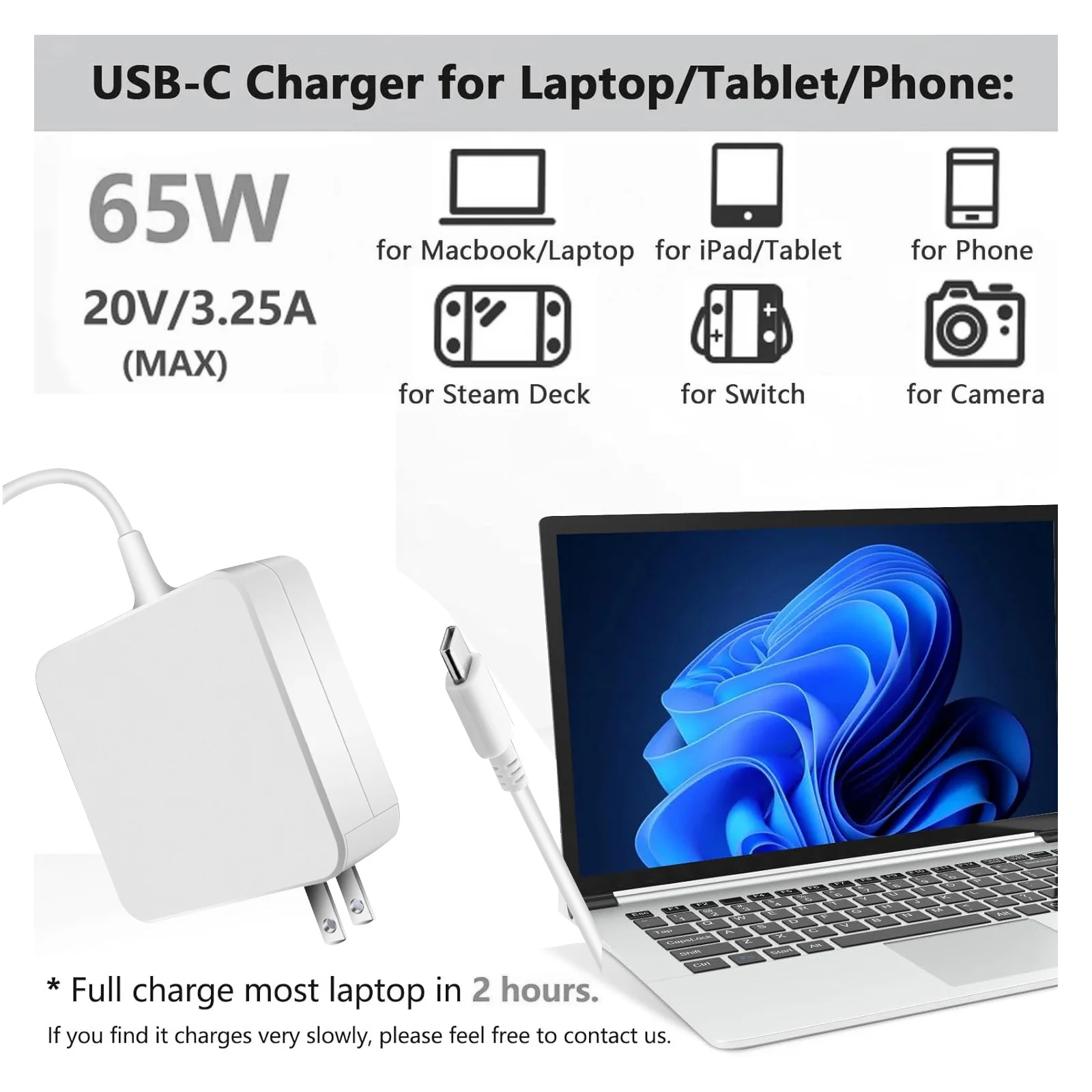 Reletech 65W USB C Adattatore di alimentazione per laptop Tipo C Alimentazione PD Caricatore rapido da muro Fort MacBook Dell Lenovo Huawei HP