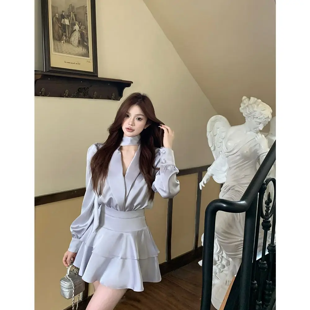 

​​Puff Sleeve SatinTop Tiered Skirt Set Women Surplice Neck Ribbon Tie Design Spring Wedding Guest Minimalist Luxury Separates​​