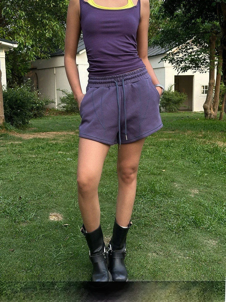 Loose Elastic Waist Short Pants Women's Purple Casual Loose Fit Summer New Style GO GO BURN Street Style Cotton Blend Pants
