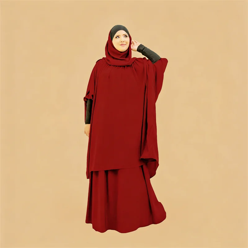 

2PCS Muslim Women Hooded Khimar Prayer Garment Abayas Islamic Clothing Eid Ramadan Arabic Tops Skirts Set Hijab Abaya Dress Robe