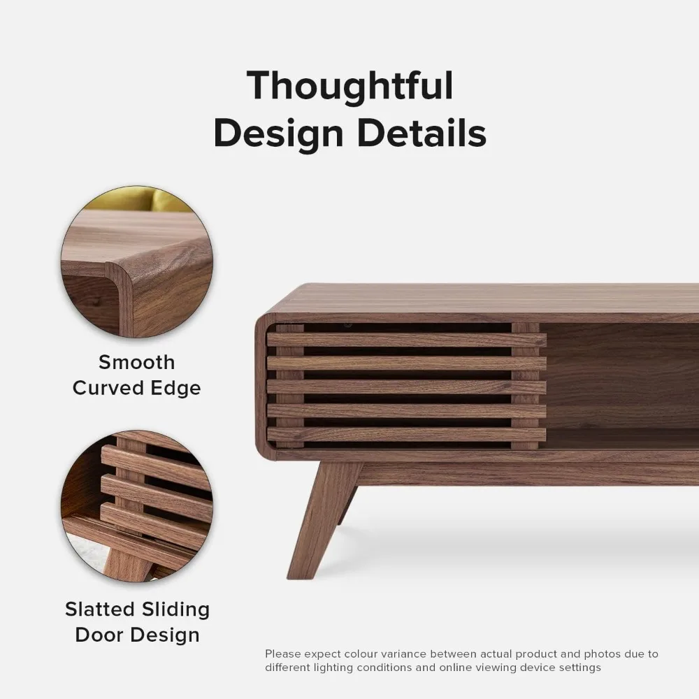 Mesa de centro Ensley, mesa moderna de mediados de siglo con almacenamiento, mesa de centro de madera de granja para sala de estar estriada (nogal)