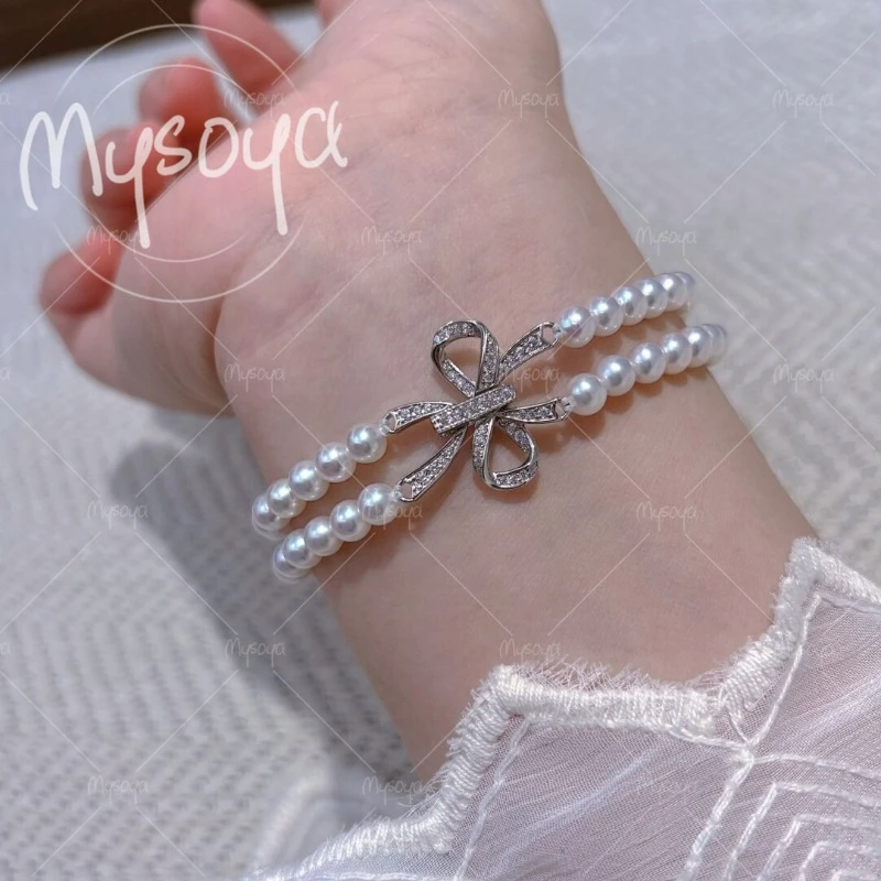 MYSOYA 4-5mm Double-layer White Freshwater Pearl Bracelet with Gift Box, for Her/ Him, Birthday, Wedding, Mother's Day A0111