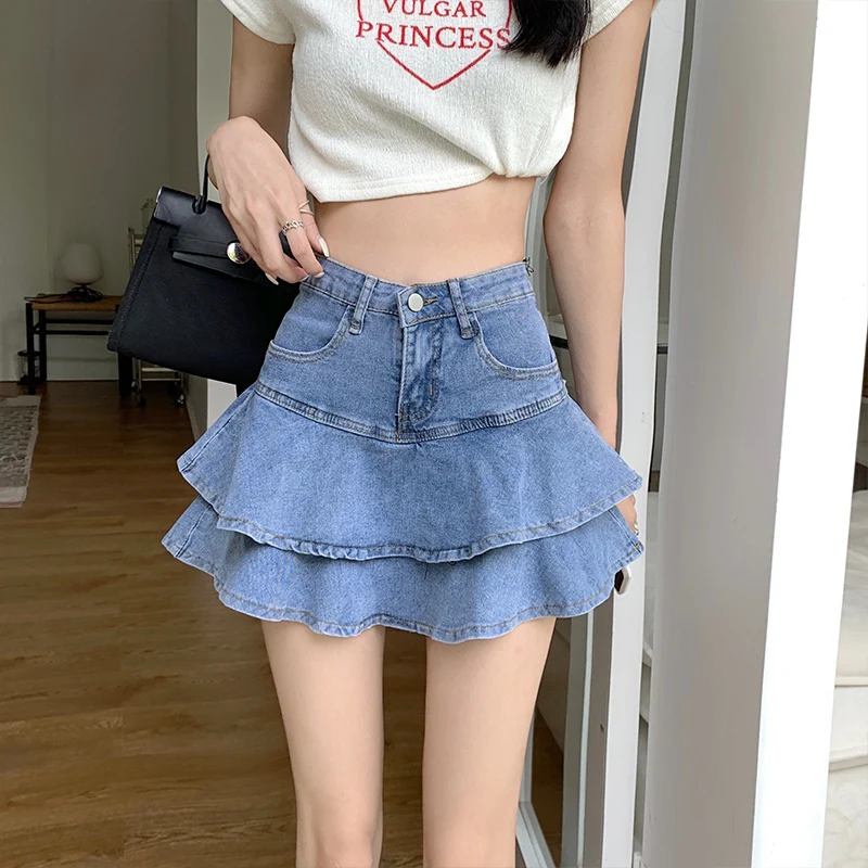 falda de Cintura Alta con Corte en A y Ribete de Encaje, Estilo Coreano, Color Puro, Falda Corta de Verano, Falda de Medi...