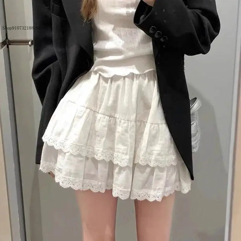 Spring and Summer Casual White Lace Cake Short Skirt with High Waist and Fluffy A-Line Ballet Style Skirt for Women