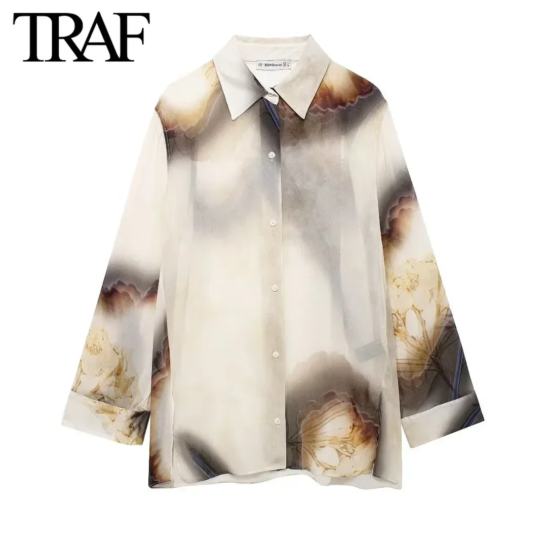 TRAF Women Fashion Spring Autumn New Printed Long Sleeve Single Breasted Lapel Blouse Street Clothing Shirt Chic Ladies Top