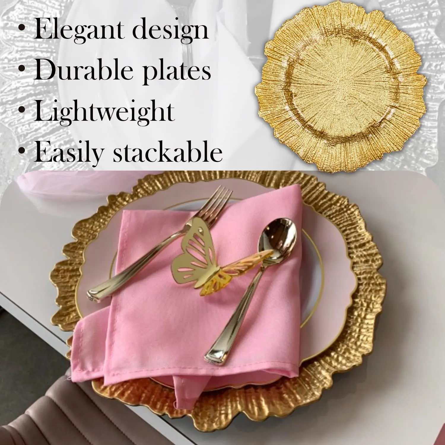 120/300 Stück Runde Platzteller, Kunststoff-Präsentationsplatten-Set, Tischdekoration für Hochzeiten, Bankette, Weihnachten – Detail 10