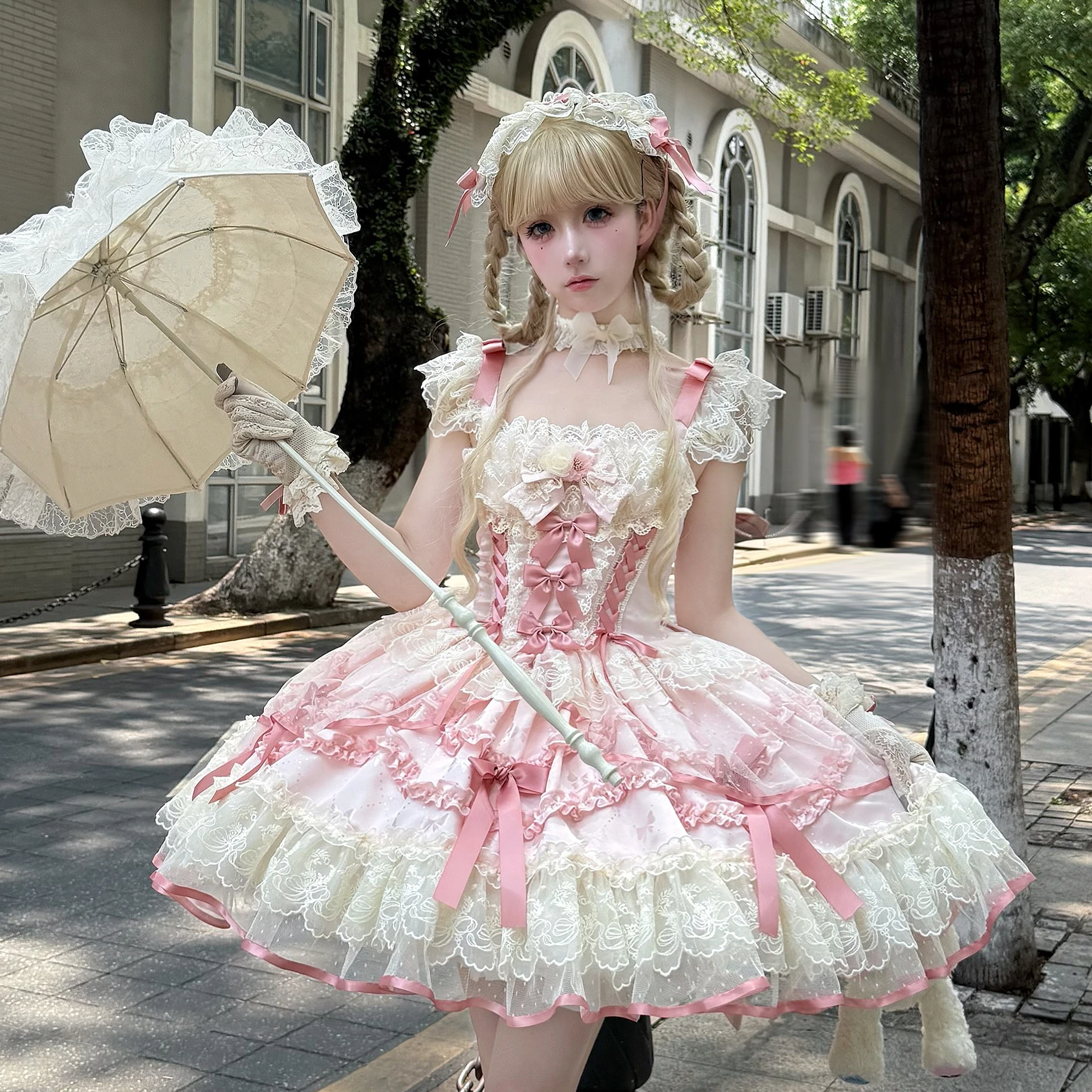 SOIOMES ~Sweetheart Girl Original Design Lace Cake Skirt Ballet Style Lolita Dress Pink Bow JSK Princess Strap Dress