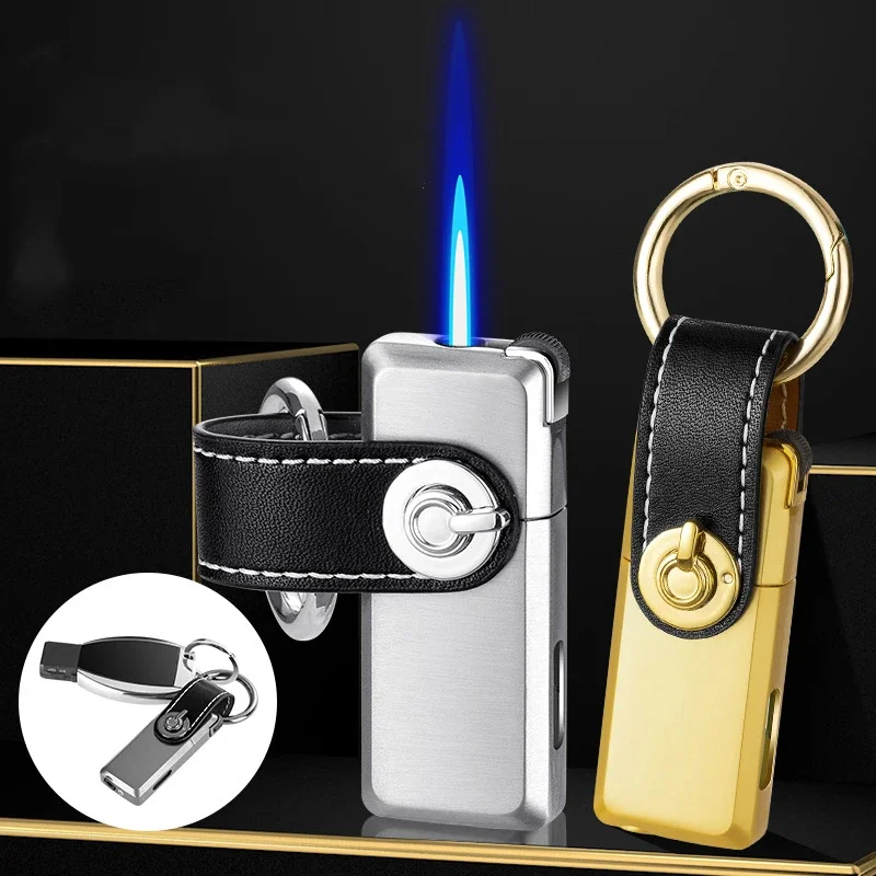 Mini Keychain Lighter, Metal Windproof, Torch, Blue Jet Flame, Grinding Wheel, Inflatable Butane, Portable, Men\'s Smoke Gadgets