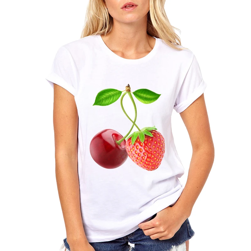 Woman 2022 Summer Top White Short Sleeve O-neck T-shirt Cherry and strawberry together Tees Womens Funny T-Shirt