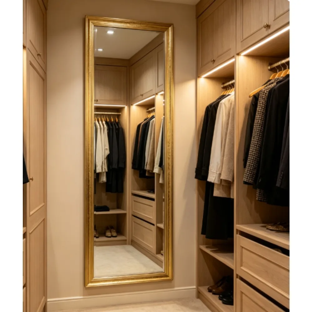 Mainstays 13x49 Gold Rectangular Wall Mirror, suitable for bathroom or living room.