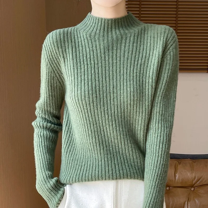 Women's 100% Wool Sweater, Semi High Neck Knitted Vertical Stripe Pullover, Autumn And Winter Thick Cashmere Casual Knitted Top