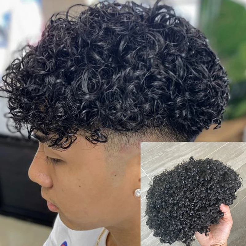 슈퍼 내구성 풀 스킨 Pu 남성용 곱슬 가발, 그레이 블랙 인모 가발, 천연 헤어 라인, 남성 마이크로 스킨 헤어피스, 1B40, 1B80, 15mm