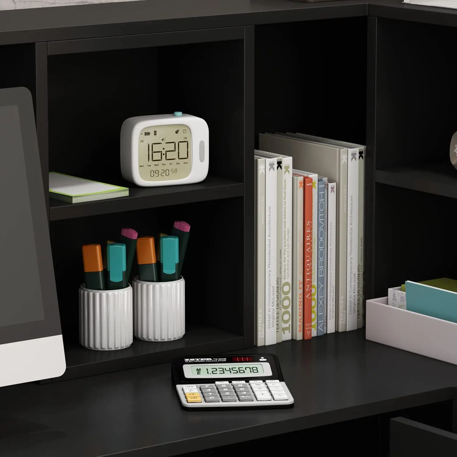 Reception Desk Counter Table, L-Shap Reception Room Front Desk with Lockable Drawer & Open Shelves, Retail Counter for Salon Che