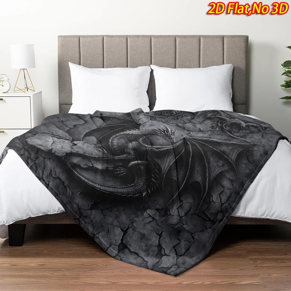 Dark Cracked Stone Background Giant Winged Dragon Gothic Fantasy Myth Full Print Fluffy Blanket Warm Couch Cover Gift