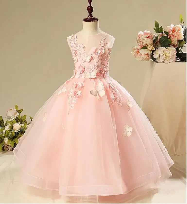 

Beaded Appliques Pink Tulle Girl Pageant Ball Gown Long Flower Girl Dress for Wedding Girl Party Princess First Communion Gowns