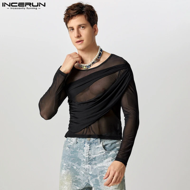 INCERUN Diagonal Shoulder Splicing Design Camiseta Men See Through Well Fitting T-Shirts Long Sleeve Casual Mesh Patchwork Tops