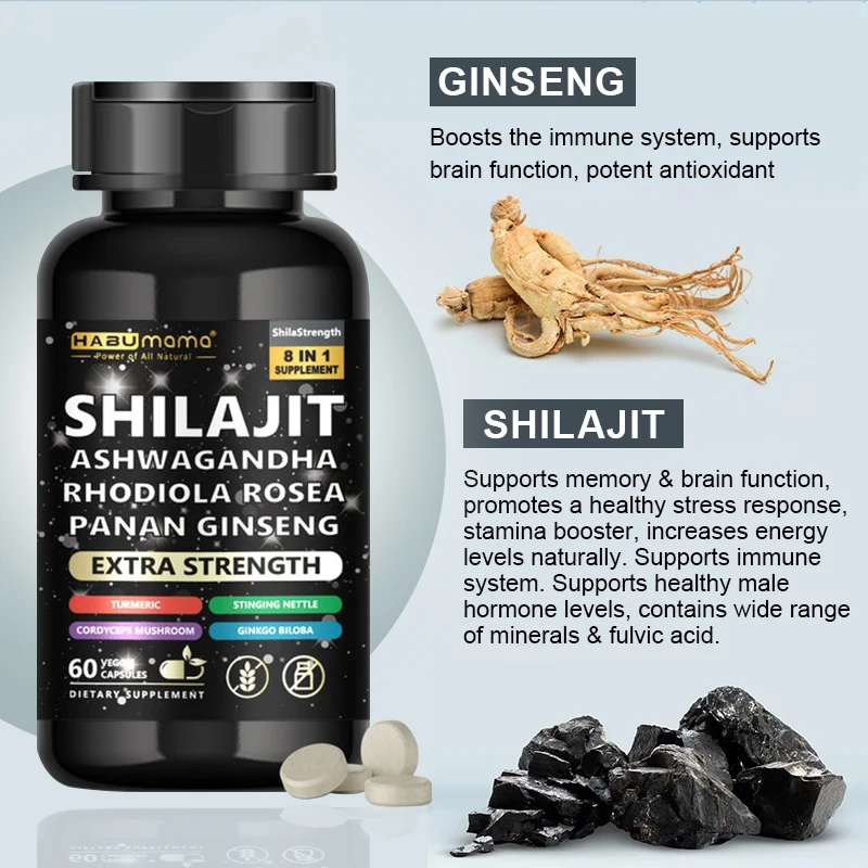 Natural Pure Ingredient 8 in 1 Shilajit, Ashwagandha, Panax Ginseng, Turmeric, Enlargement Pills for Men Increase Size & Stamina