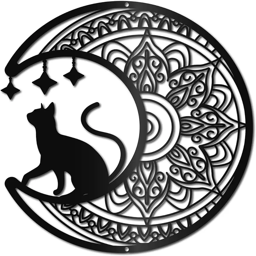 1PC Black Cat Moon Wall Art Mandala Metal Decor Wall Sculptures Gothic Decorative Hanging Pediments Ornament