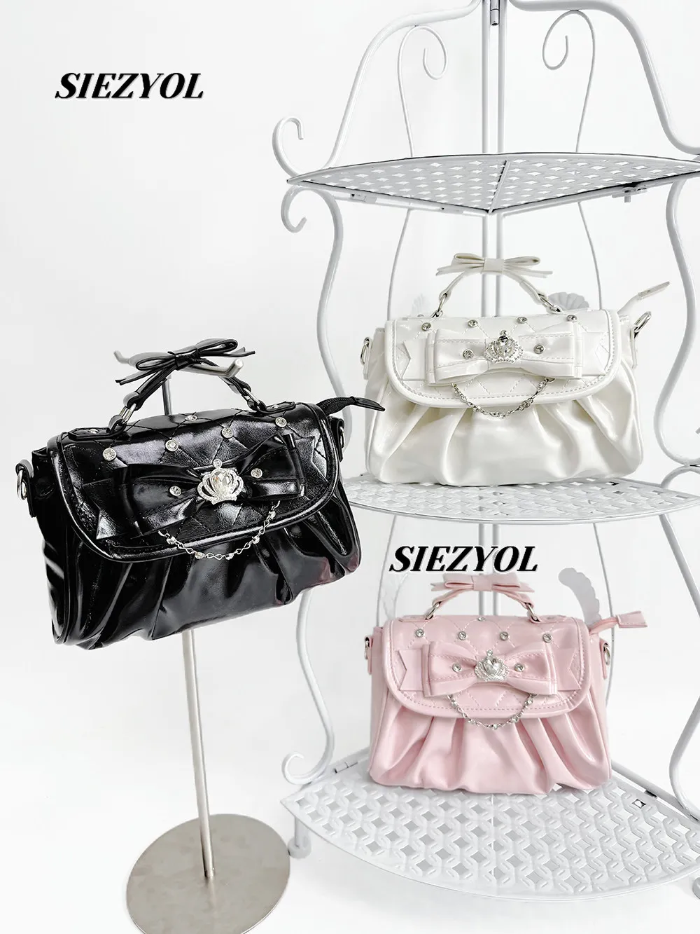 Original Japanese Sweet Style Girl's Shoulder Bag Rhinestone Bow Elegant Lolita PU Handbag Crossbody Women's Makeup Bags