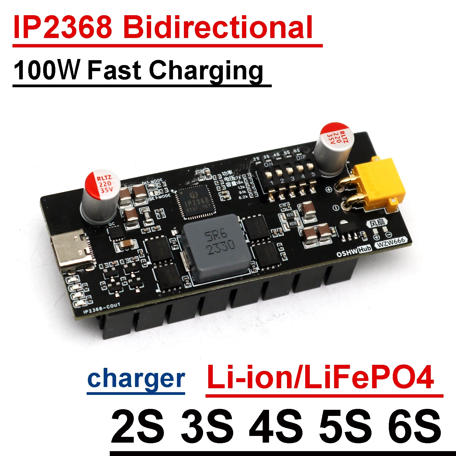 IP2368 100W 5A Bidirectional Fast Charging 2S 3S 4S 5S 6S BMS Li-ion Lifepo4 Lithium Battery Charger Discharging TYPE-C USB XT30