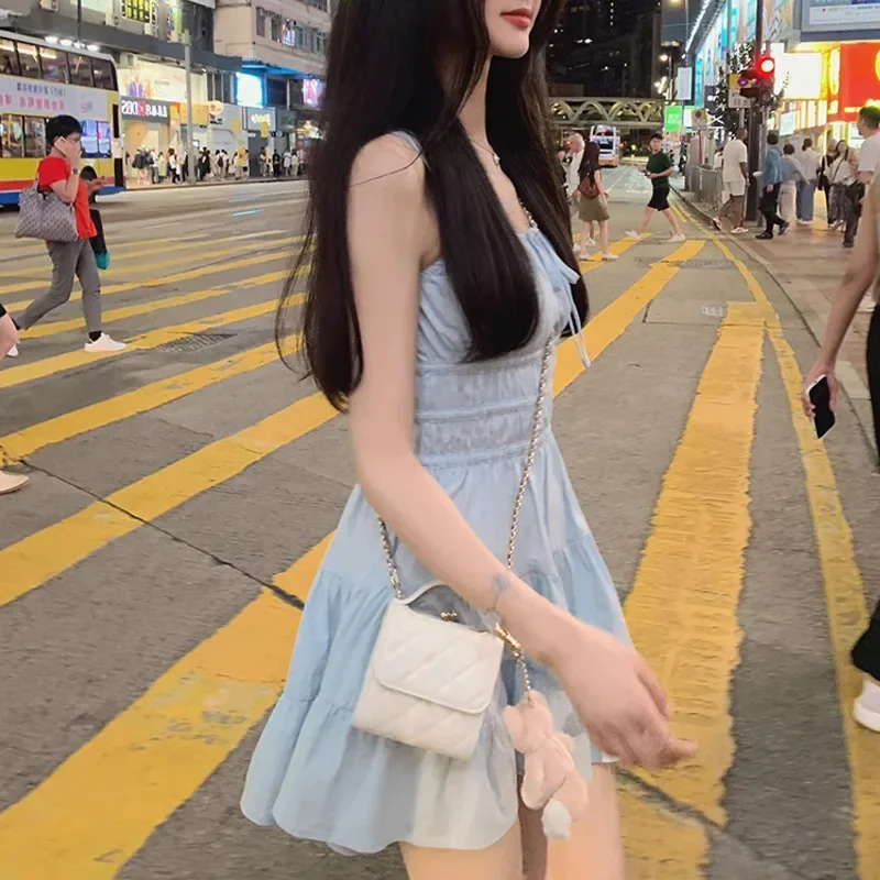 

Summer New Women's 2025 Casual Tank Dress For Young Waist-Fitted Bluetank Dress Petite Slimming White dsad