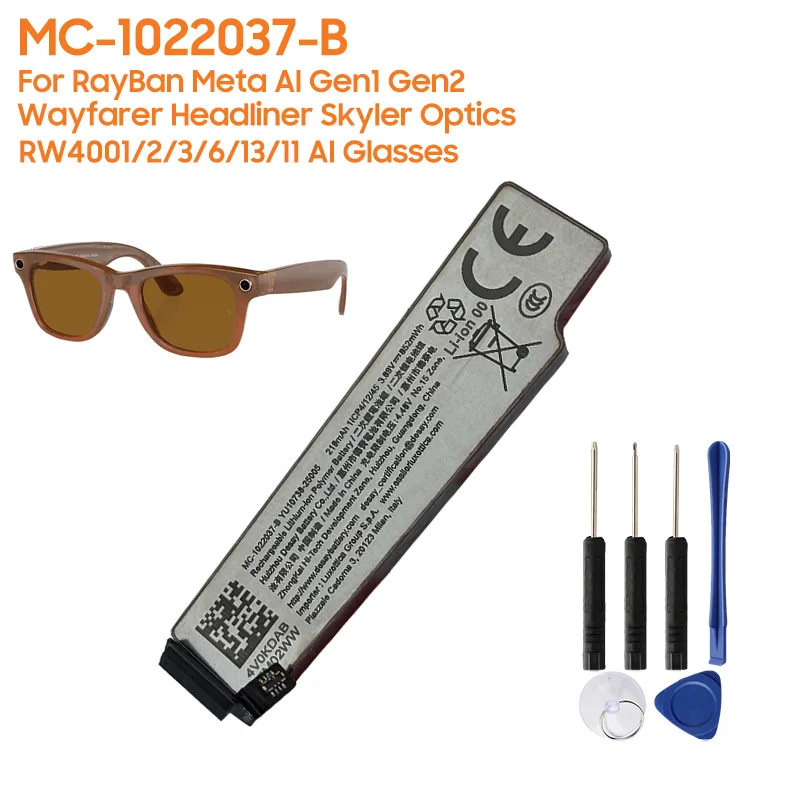 Battery For Ray-Ban Meta AI Gen1 Gen2 Wayfarer Headliner Skyler Optics RW4001/2/3/6/13/11 AI Glasses Battery MC-1022037-B