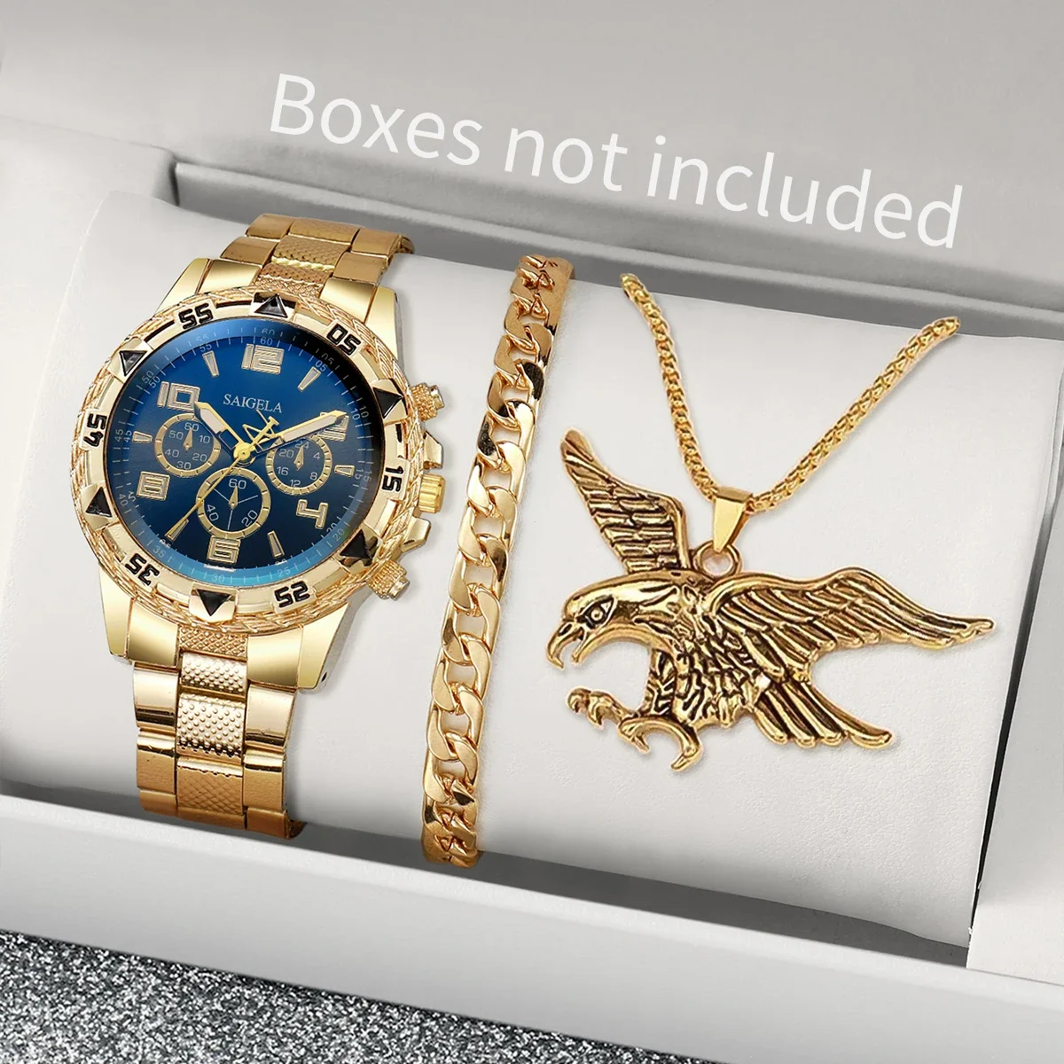 

Мужские деловые часы с синим светящимся циферблатом, 3 шт., кварцевые часы со стальным ремешком, цифровые часы с тремя циферблатами + украшение в виде орла