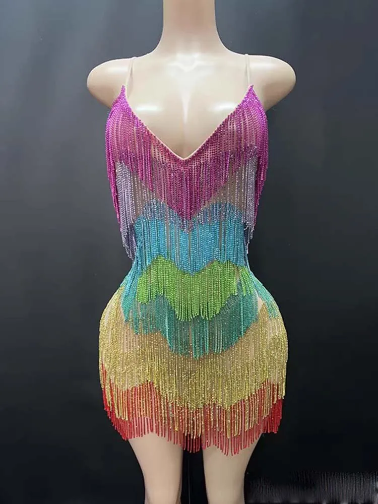 High Quality Rhinestone Layered Tassel Sexy Bare Back Suspender Dress 2025 New Fashion Custom Women'S Clothing