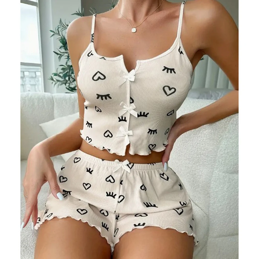 Womens Sexy Heart Print Pajamas Set Summer Top Soft Sleep Shorts 2 Piece Casual Home Lounge Comfortable Nightgowns