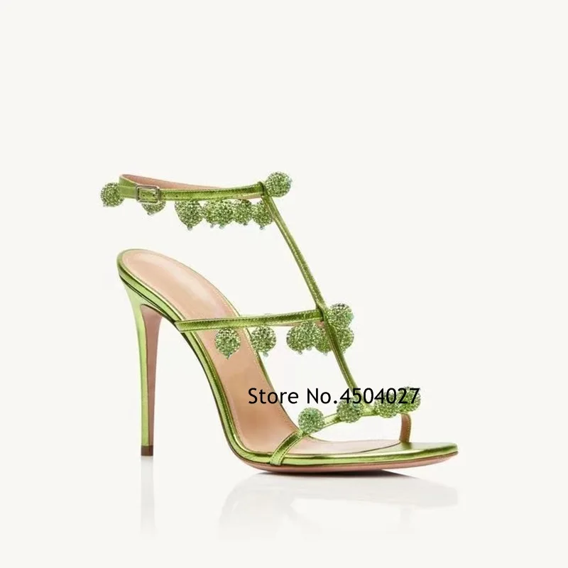 

Crystal Ball Straps Sandals Open Toe Hollow Out High Heels Ankle Buckles Summer Party Dress Shoes For Women