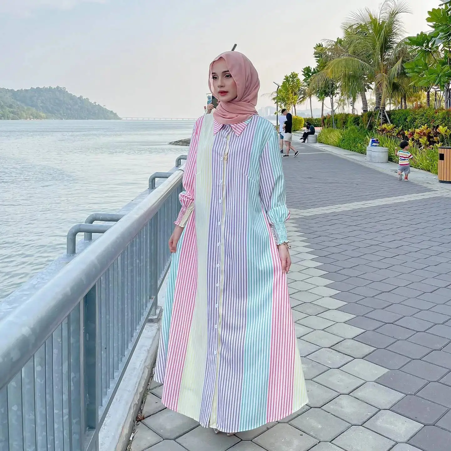 

M251# Muslim Dress, Women's Long Dress, Lapel Striped Shirt, Long Dress, Dress Robe Abaya Ramadan Dubai Luxury Islam Elegant