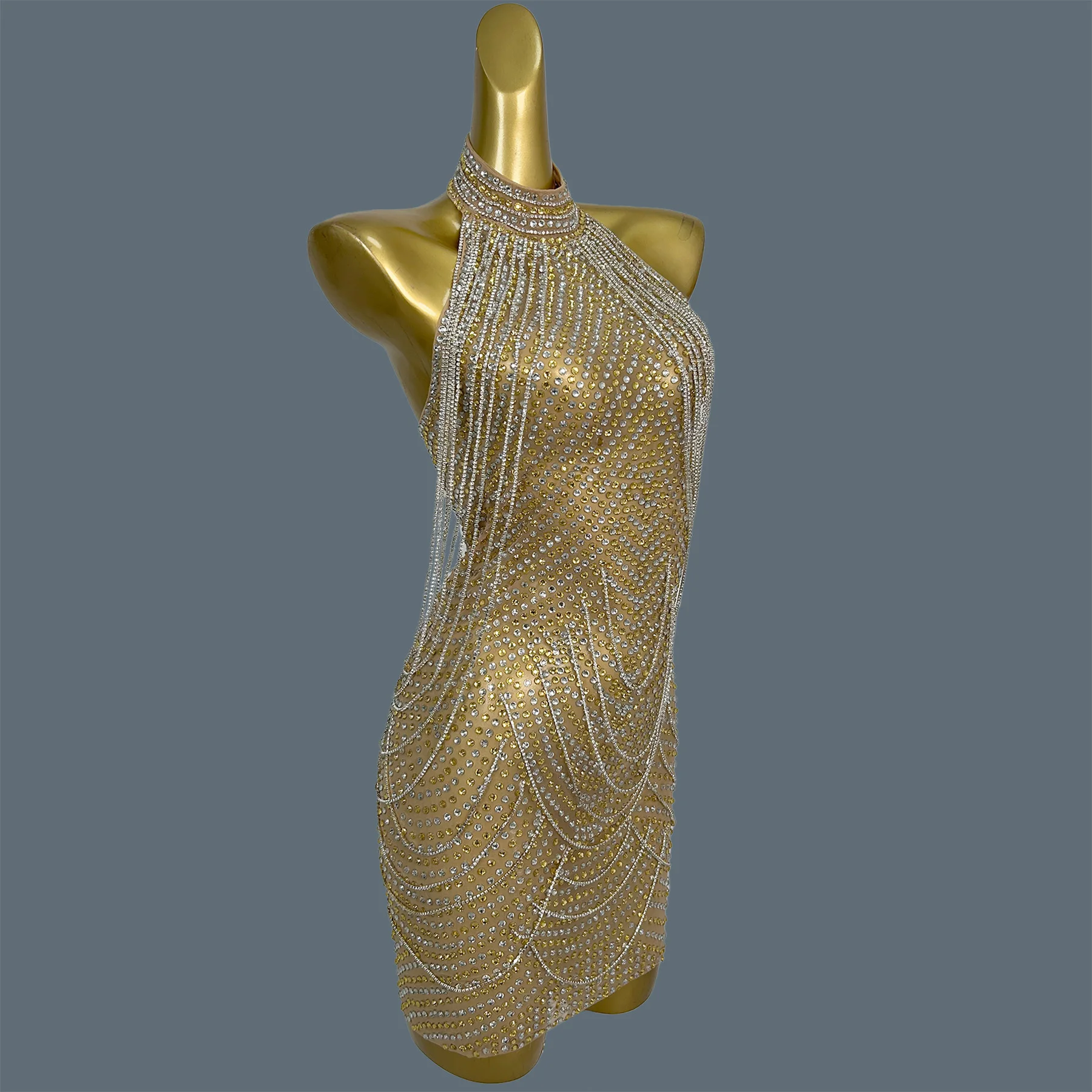 

Sparkly Rhinestone Chains Tassel Luxury Outfit Spicy Girl Evening Dress Sexy Women Dance See Through Mesh Mini Dress Tiaotiao